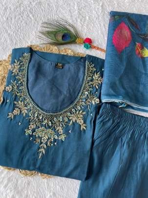 Premium Roman Silk Rama Kurti Pant Dupatta Set