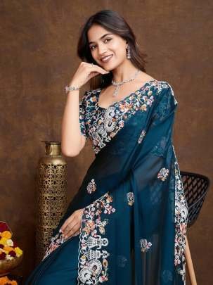 Premium Soft Rangoli Silk Embroidery Rama Saree