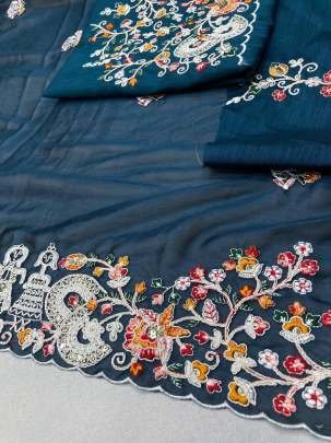 Premium Soft Rangoli Silk Embroidery Rama Saree