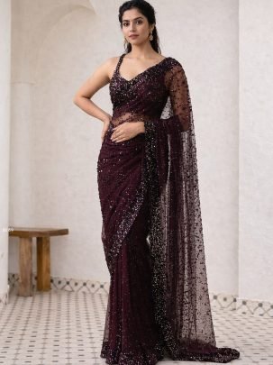 Premium Wine Party Wear Soft Net Saree with All Over Sequin Work