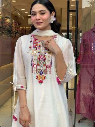 Premium Quality Mirror Work Chanderi Kurtis Set With Fancy Sleeves