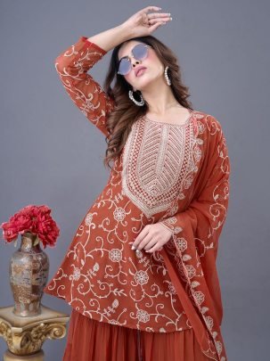Presenting Burnt Orange Festive Wear Georgette Sharara Set