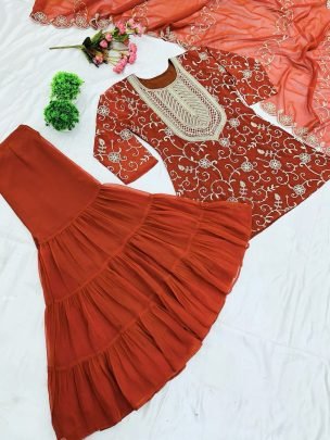 Presenting Burnt Orange Festive Wear Georgette Sharara Set
