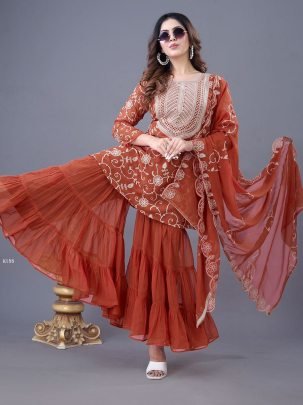 Presenting Burnt Orange Festive Wear Georgette Sharara Set