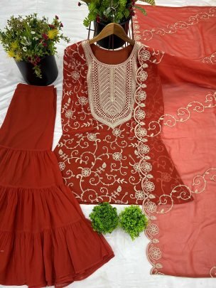 Presenting Burnt Orange Festive Wear Georgette Sharara Set