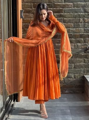 Presenting Chinon Silk Fully Stitched Anarkali Set