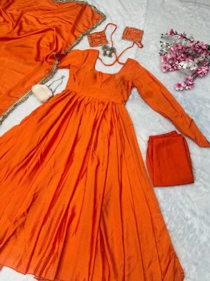 Presenting Chinon Silk Fully Stitched Anarkali Set