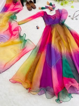 Presenting New Party Wear Look Organza Silk Gown With Dupatta