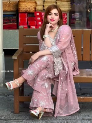 Presenting Rose Pink Georgette Silk Top Sharara And Dupatta Set