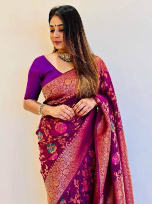 Pretty Purple Banarasi Soft Silk Saree with Copper Zari Work 