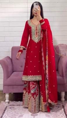 Priesting  New Heavy Red Chinon Silk Sharara Suit Set 