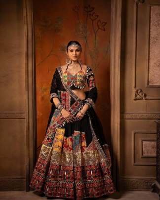 Printed Navratri Special Black Muslin cotton Lehenga choli