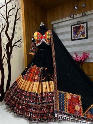 Printed Navratri Special Black Muslin cotton Lehenga choli