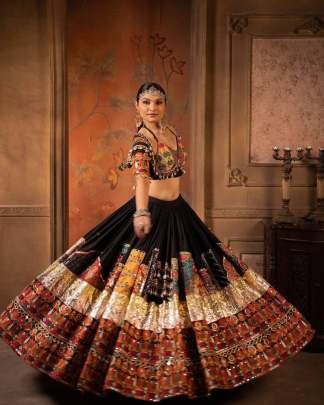 Printed Navratri Special Black Muslin cotton Lehenga choli