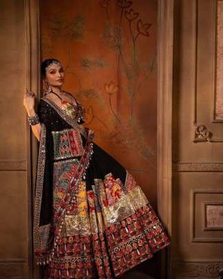 Printed Navratri Special Black Muslin cotton Lehenga choli