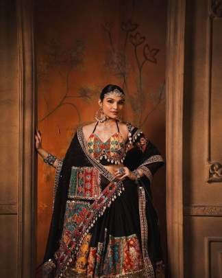 Printed Navratri Special Black Muslin cotton Lehenga choli
