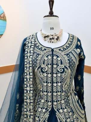 Prussian Blue Color Georgette Indo Western Dresses