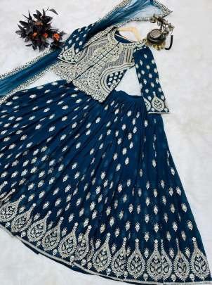 Prussian Blue Color Georgette Indo Western Dresses