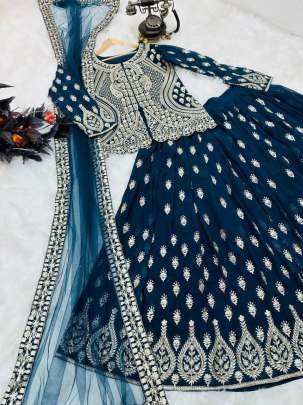 Prussian Blue Color Georgette Indo Western Dresses