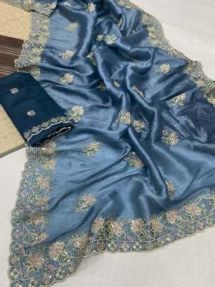 Prussian Color Soft Gold Crush Fabric Saree