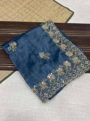 Prussian Color Soft Gold Crush Fabric Saree