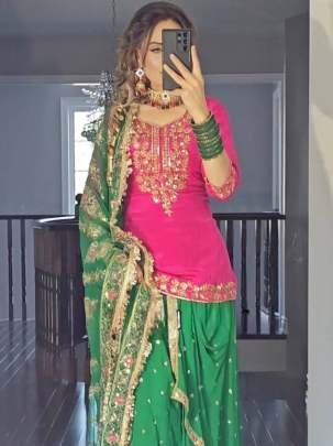 Punjabi Style Pink WIth Green Georgette Top Dhoti and Dupatta Set