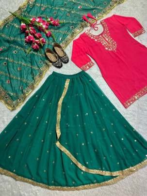 Punjabi Style Pink WIth Green Georgette Top Dhoti and Dupatta Set