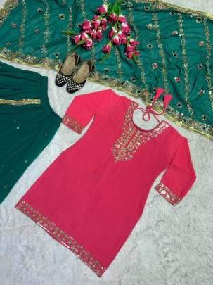 Punjabi Style Pink WIth Green Georgette Top Dhoti and Dupatta Set