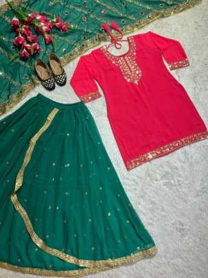 Punjabi Style Pink WIth Green Georgette Top Dhoti and Dupatta Set
