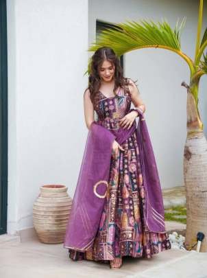 Puple Function Wear Anarkali Chinon Silk Kurtis Dupatta Set
