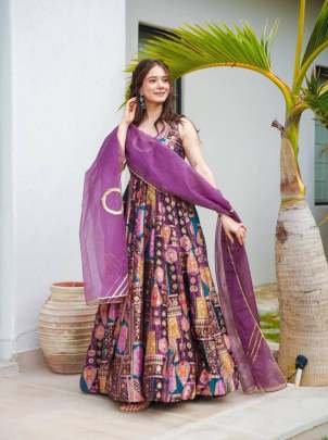 Puple Function Wear Anarkali Chinon Silk Kurtis Dupatta Set