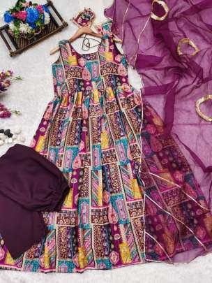 Puple Function Wear Anarkali Chinon Silk Kurtis Dupatta Set
