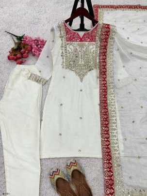 Pure Chinnon Silk With Full Sleeve Kurti Pant With Dupatta