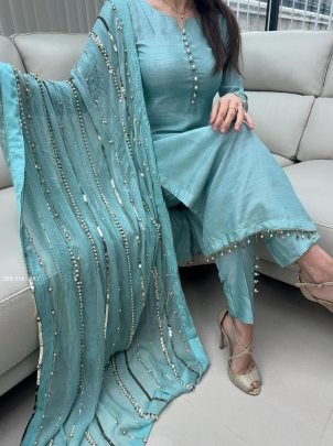 Pure Chinnon With Embroidery Sequence Work Teal Blue Readymade Suit