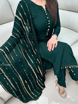 Pure Chinnon With Embroidery Sequence Work Green Readymade Suit