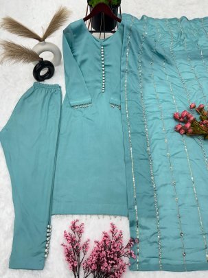 Pure Chinnon With Embroidery Sequence Work Teal Blue Readymade Suit