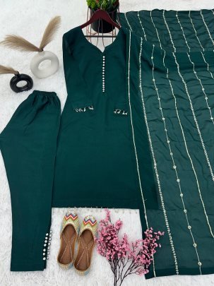 Pure Chinnon With Embroidery Sequence Work Green Readymade Suit