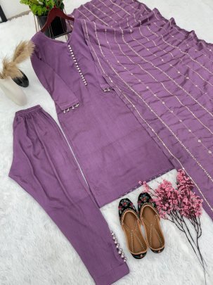 Pure Chinnon With Embroidery Sequence Work Puprle Readymade Suit