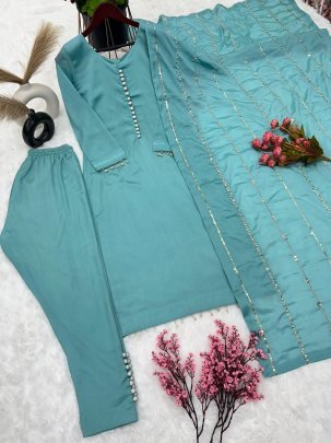 Pure Chinnon With Embroidery Sequence Work Teal Blue Readymade Suit