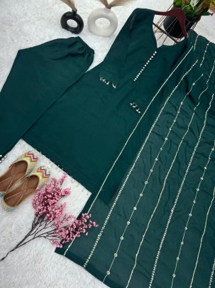Pure Chinnon With Embroidery Sequence Work Green Readymade Suit