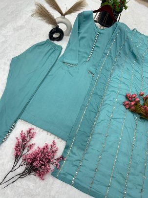 Pure Chinnon With Embroidery Sequence Work Teal Blue Readymade Suit