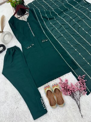 Pure Chinnon With Embroidery Sequence Work Green Readymade Suit