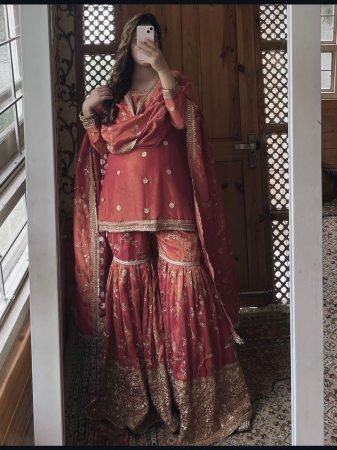 Pure Chinon Peachy Full Sleeve Embroidered Suit  by Fab Funda 