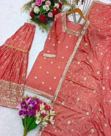Pure Chinon Peachy Full Sleeve Embroidered Suit  by Fab Funda
