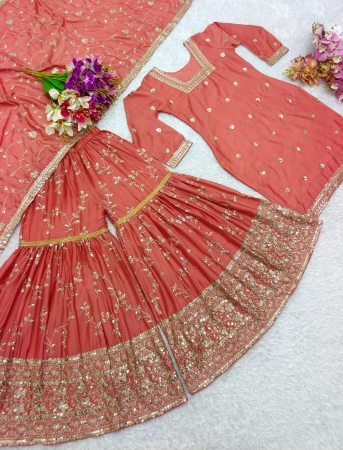 Pure Chinon Peachy Full Sleeve Embroidered Suit  by Fab Funda