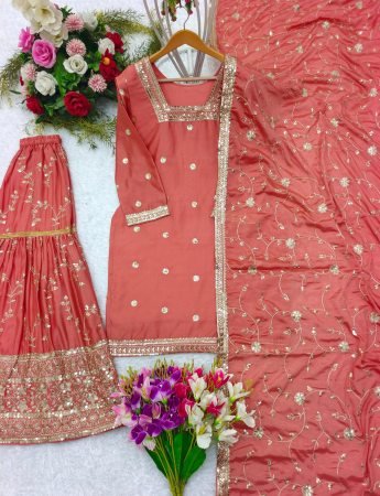 Pure Chinon Peachy Full Sleeve Embroidered Suit  by Fab Funda