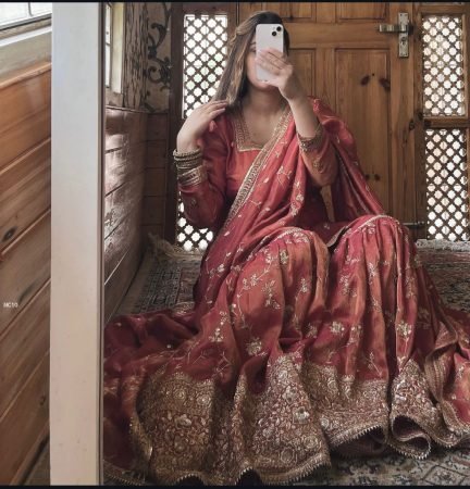 Pure Chinon Peachy Full Sleeve Embroidered Suit  by Fab Funda