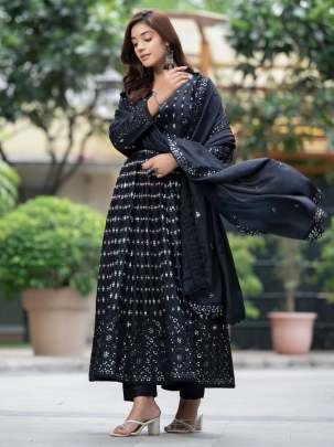 Pure Chinon Silk Black Anarkali Suit With Dupatta
