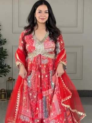 Pure Chinon Silk Red Gown Pant With Dupatta