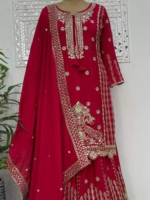 Pure Chinon Silk Red Kurti Palazzo Dupatta Set